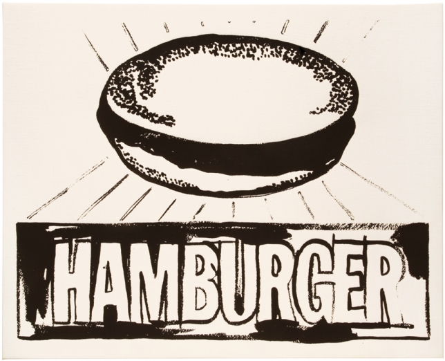 Andy Warhol, Hamburger (White), ca. 1985-86 , Acrylic and silkscreen on nettle stamped with the Warhol autentification number ,PA 10.284’ 40,6 x 50,8 cm | 15.98 x 20 in 