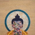 Tenzing Rigdol, Survival of the fittest, collage, photographs and silk brocade, 122 x 122 cm, RIGD0002 