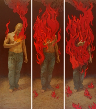 Alfredo Esquillo, Man on fire, 2015, Oil on ethylene-vinyl acetate (EVA) panel, 217 x 65,5 cm, each panel, framed / 217 x 196,5 cm, overall, framed. Brown box frame with acrylic glass, ESQU0004 