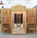 NORBERTO ROLDAN, Quiapo, Between Salvation and Damnation, 2014, Mixed media installation: Philippine Mahogany wood panels and plywood platforms, chandelier, glass cabinet, candle table trays, found objects and assorted candles, 260 x 366 x 366 cm | 102.36 x 144.09 x 144.09 in, # ROLD0002 
