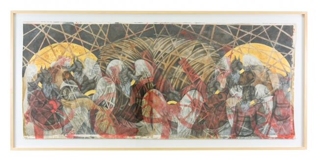Khadim Ali, Transition/Evacuation 7, 2015, Gouache, ink and gold leaf on paper, 131 x 307 cm, KALI0008 