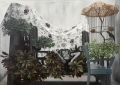Geraldine Javier, A Long Afternoon with Gauguin, 2013, Oil on canvas; hammered leaves on canvas tent (L85in x H72in x W48in); mattress, tatting lace nest, twigs, preserved leaves, 152,4 x 213,4 cm | 60 x 84.02 in, # JAVI0004 
