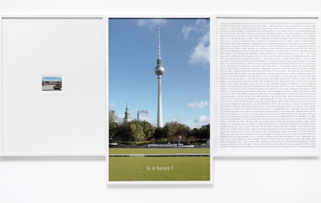 Sophie Calle, Is it better, 2012, Color photograph, picture postcard, aluminum, text, frame, 75 x 100 cm, 75 x 120 cm, 75 x 100 cm | 29.53 x 39.37 in, 29.53 x 47.24 in, 29.53 x 39.37 in, Number 2 from an edition of 3 (E), # CALL0346 