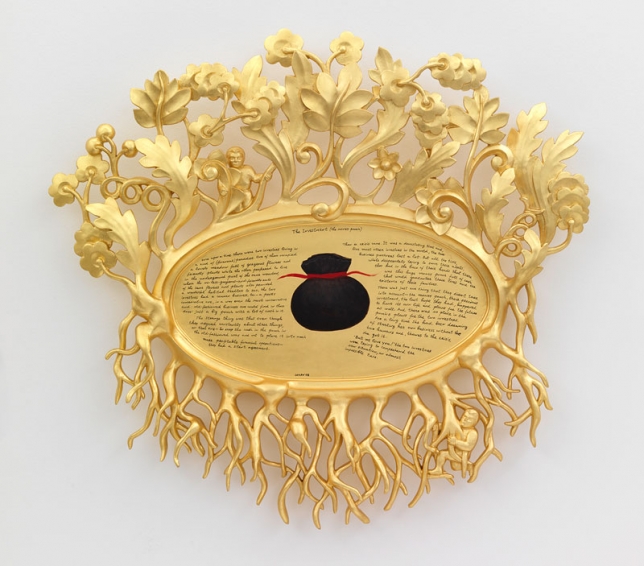 Nedko Solakov, The Investment (the money pouch), 2008, acrylic and black drawing ink on gilded carved lime wood, 77 x 83 x 9,5 cm /30,31 x 32,68 x 3,74 in, SOLA0766 